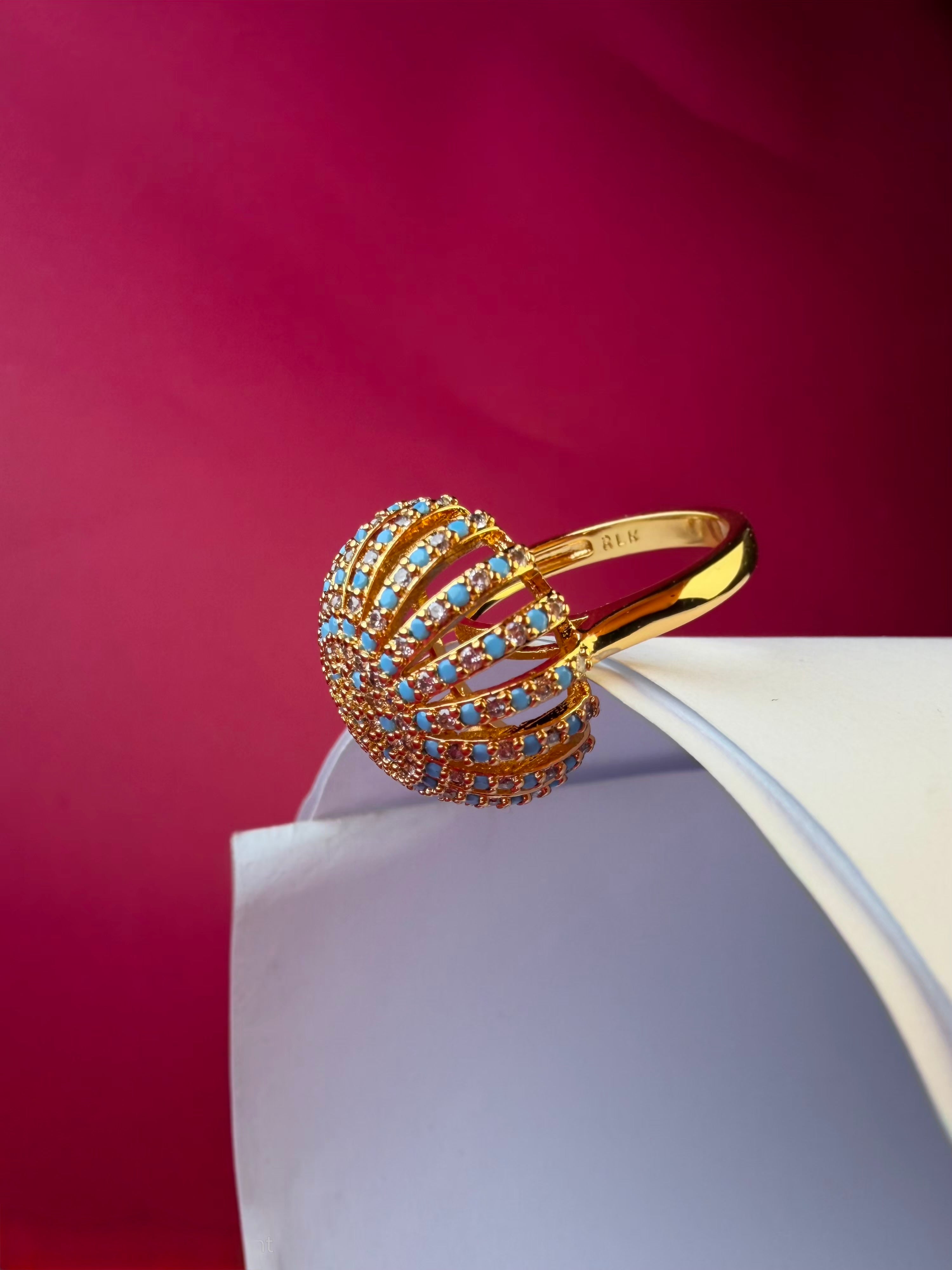 The Mughal Lattice Sphere Ring – Gold-Tone Stainless Steel Turquoise & Crystal Statement Ring