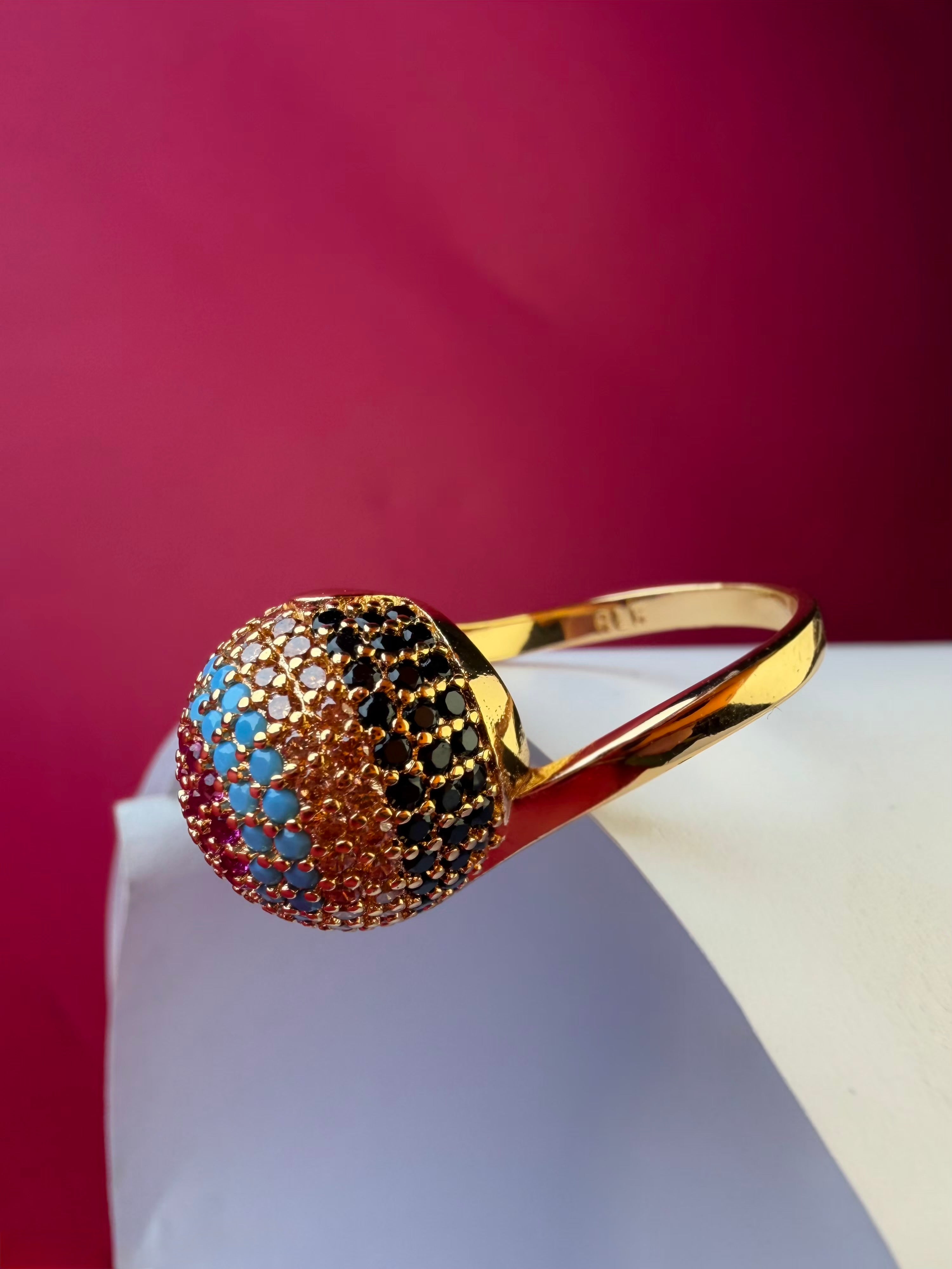 The Nizam Turquoise Orbit – Gold-Tone Stainless Steel Lattice Statement Ring