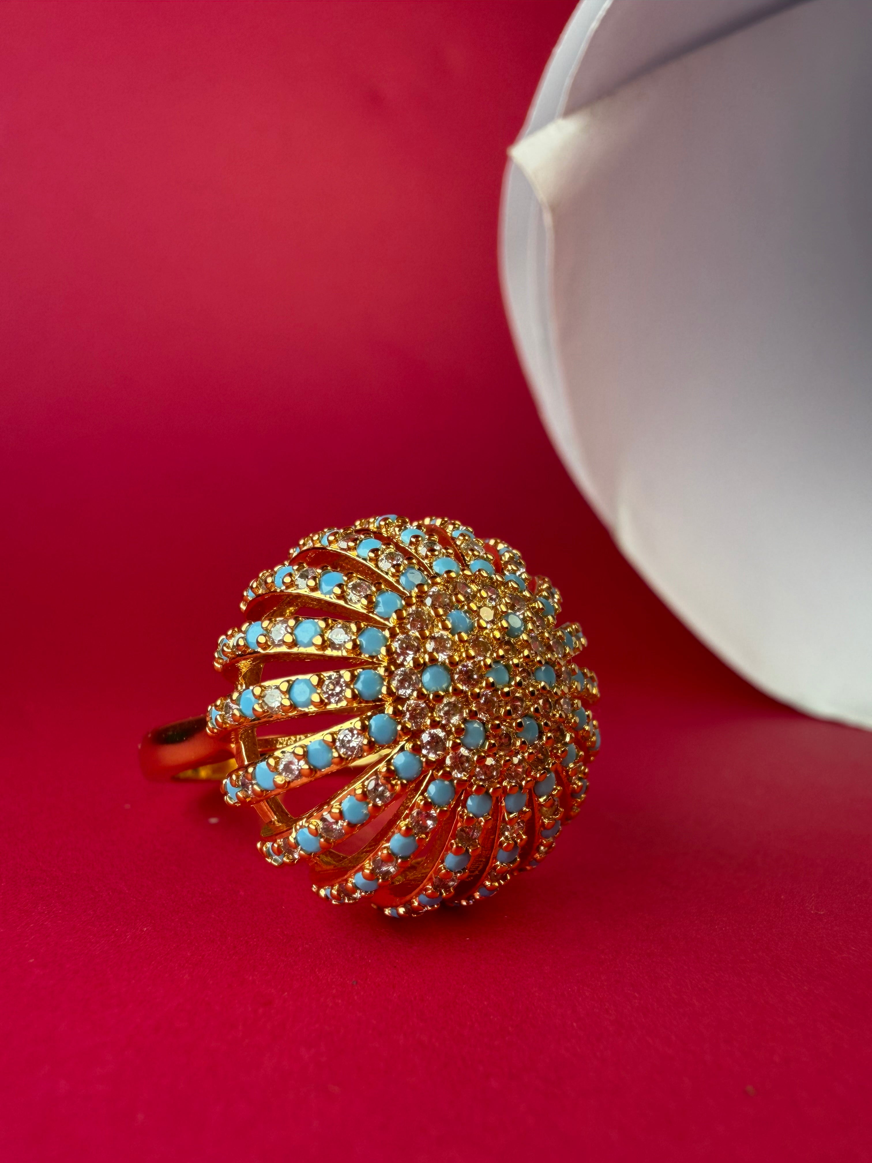 The Mughal Lattice Sphere Ring – Gold-Tone Stainless Steel Turquoise & Crystal Statement Ring
