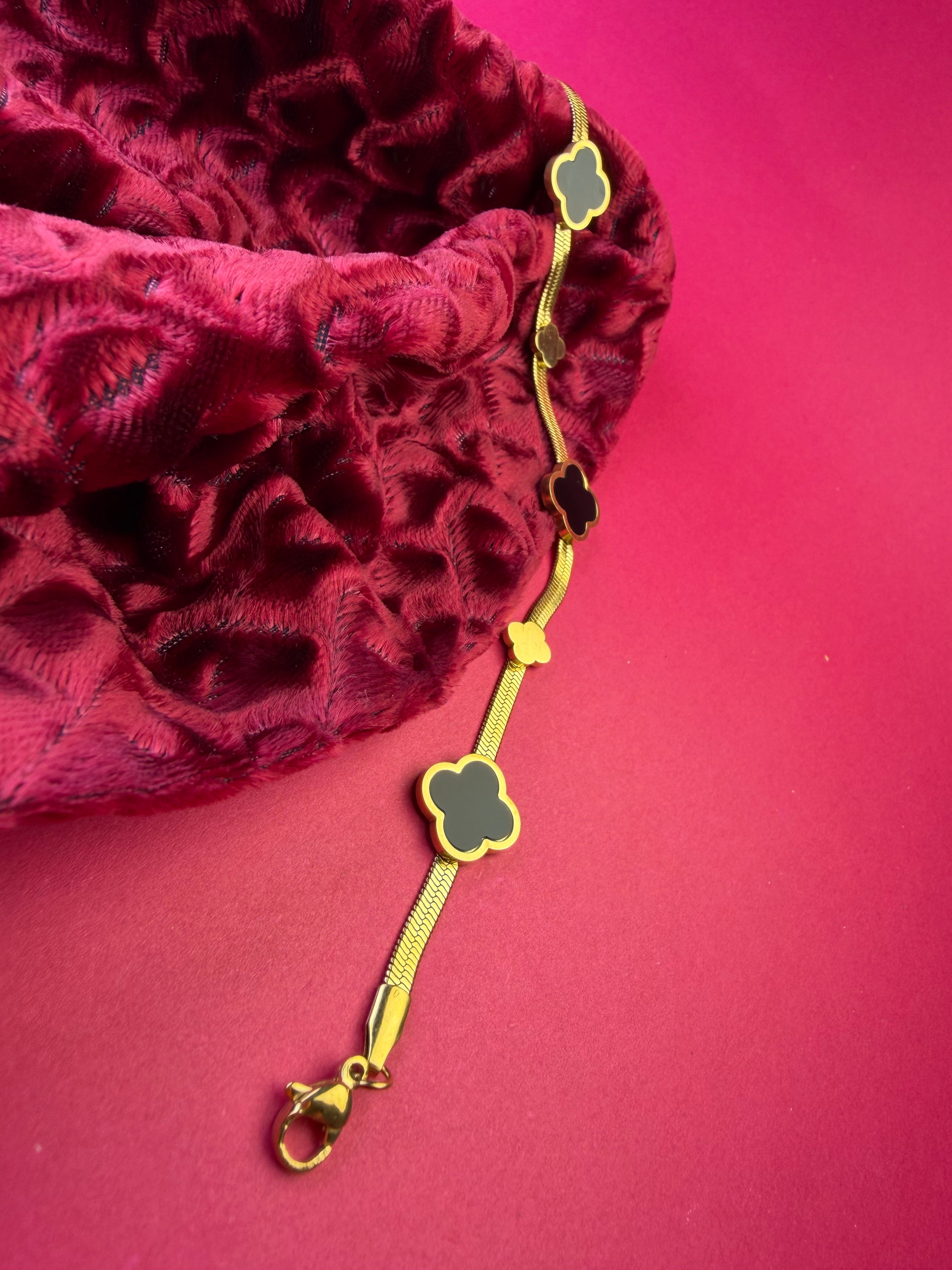 The Royal Clover Herringbone Bracelet – Gold-Tone Stainless Steel Flat Chain Jewelry