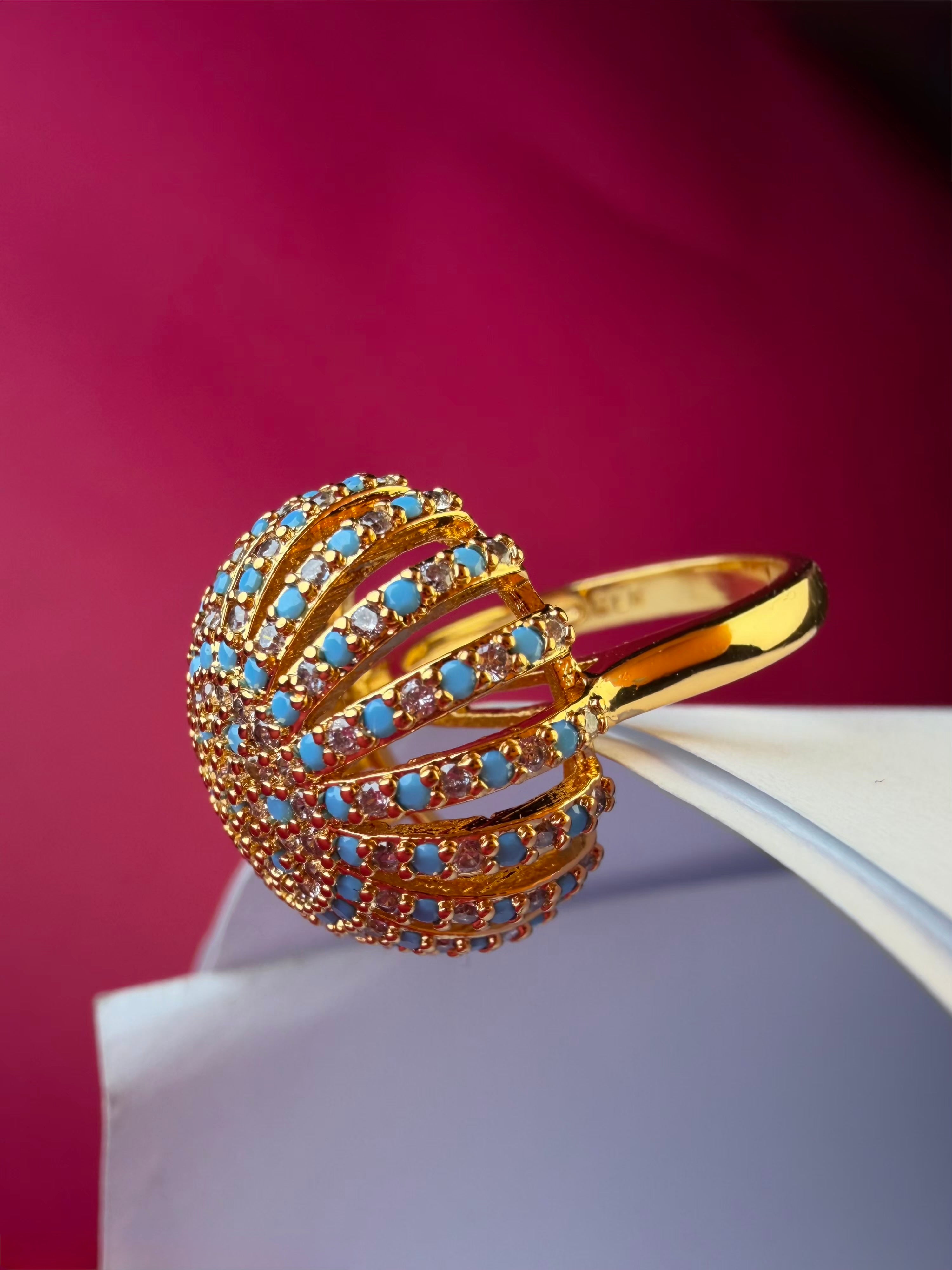 The Mughal Lattice Sphere Ring – Gold-Tone Stainless Steel Turquoise & Crystal Statement Ring