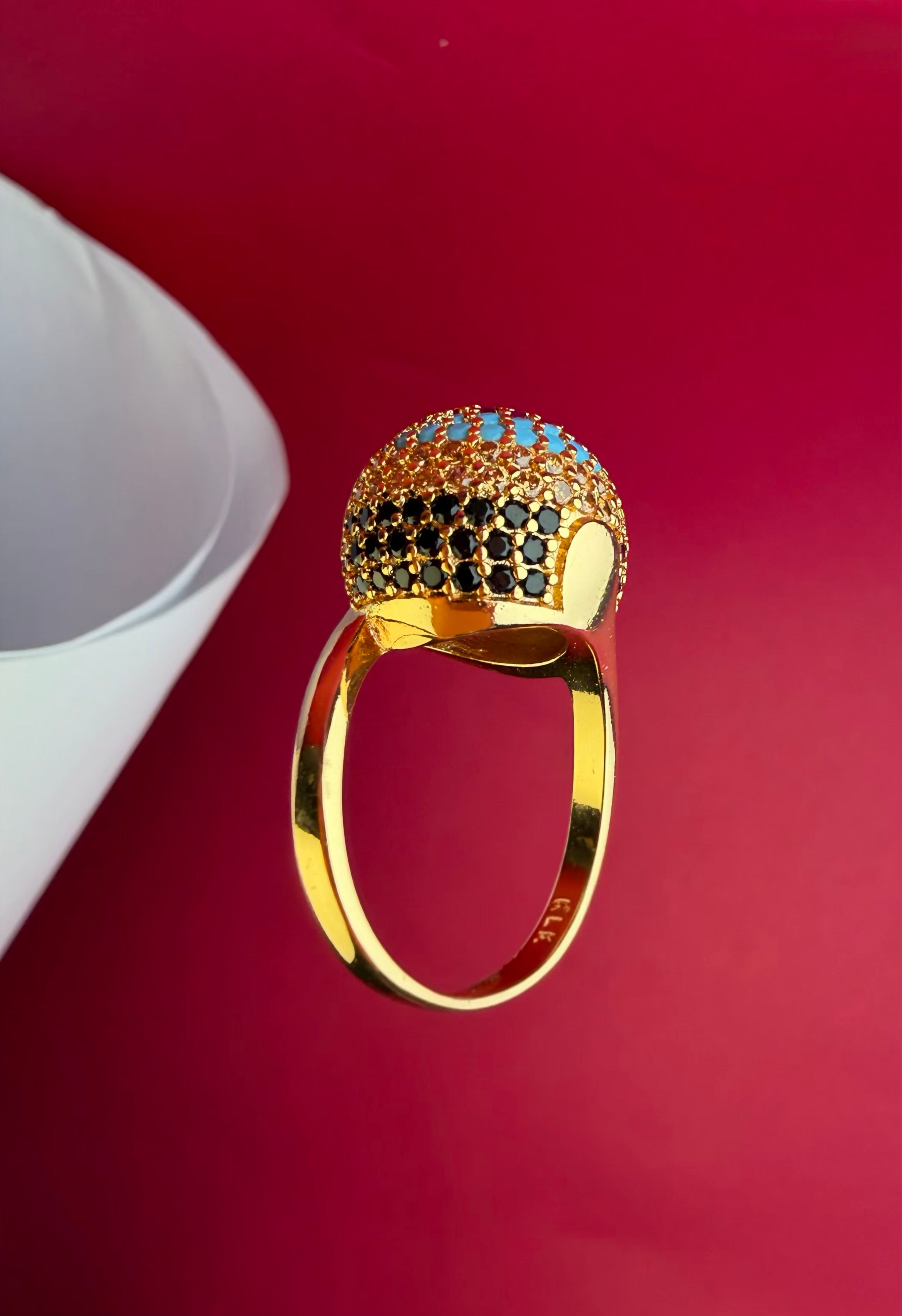 The Nizam Turquoise Orbit – Gold-Tone Stainless Steel Lattice Statement Ring