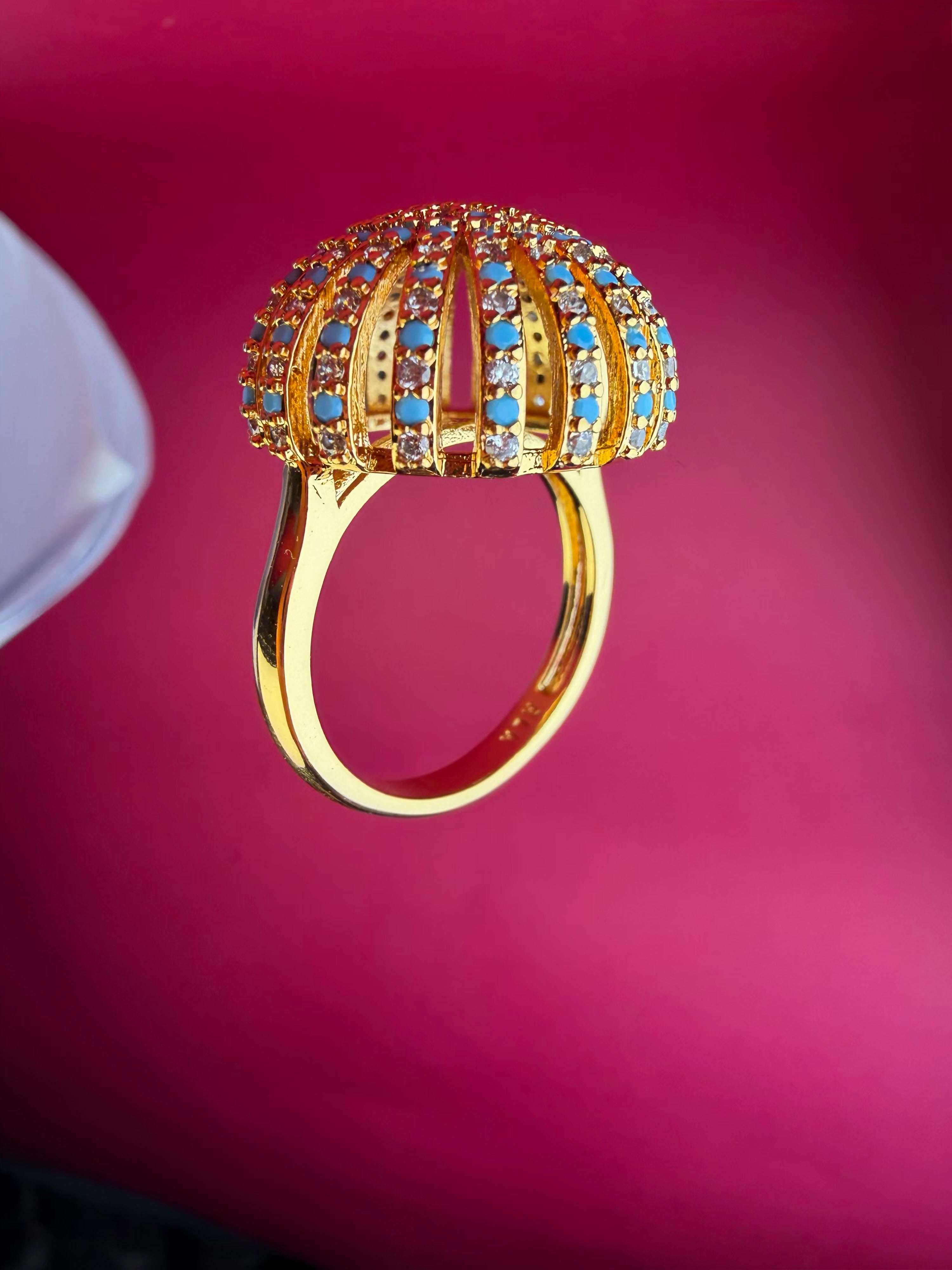 The Mughal Lattice Sphere Ring – Gold-Tone Stainless Steel Turquoise & Crystal Statement Ring